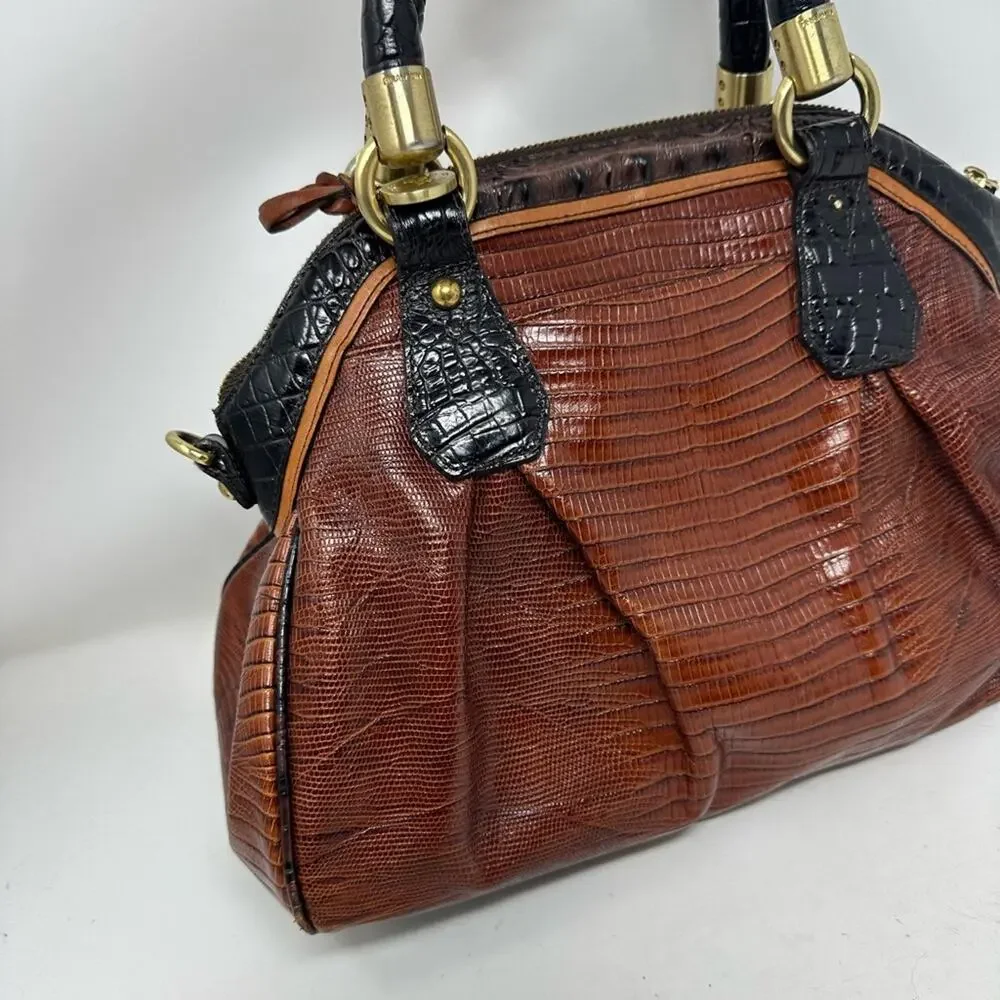 Brahmin Lisa Satchel Bag Cognac Tri-Texture Croc Lizard Brown Gold Tone